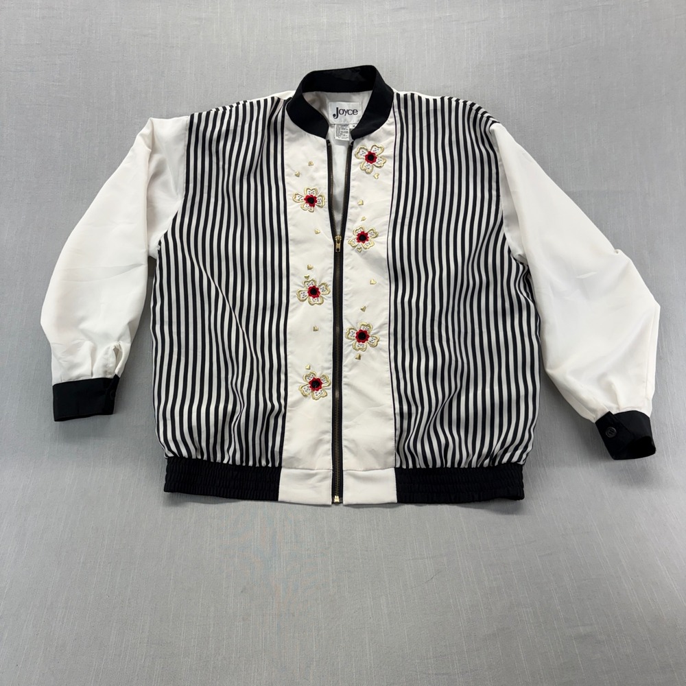 Joyce Bomber Jacket Womens 10 Vintage Black White Striped Floral Embroidered Zip